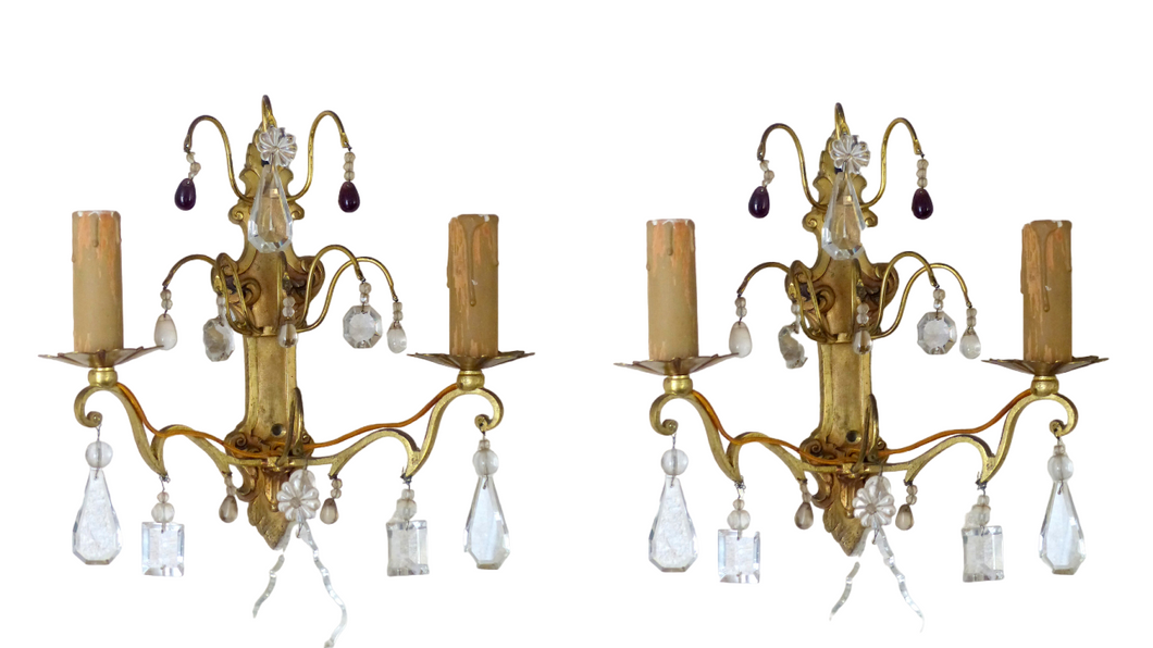 Antique Pair French Empire Wall Light Sconce 2 Lights Gilded Bronze brass 1900