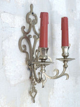 Load image into Gallery viewer, RARE Antique PAIR French Louis XIII Wall Light Sconce 2 Light Tinned Bronze 1920
