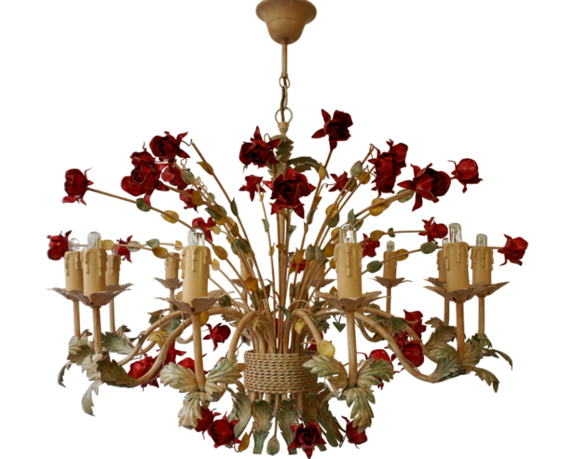 XXL Large Florentine Chandelier Metal Tole Flowers Ceiling Hollywood Regency 12x