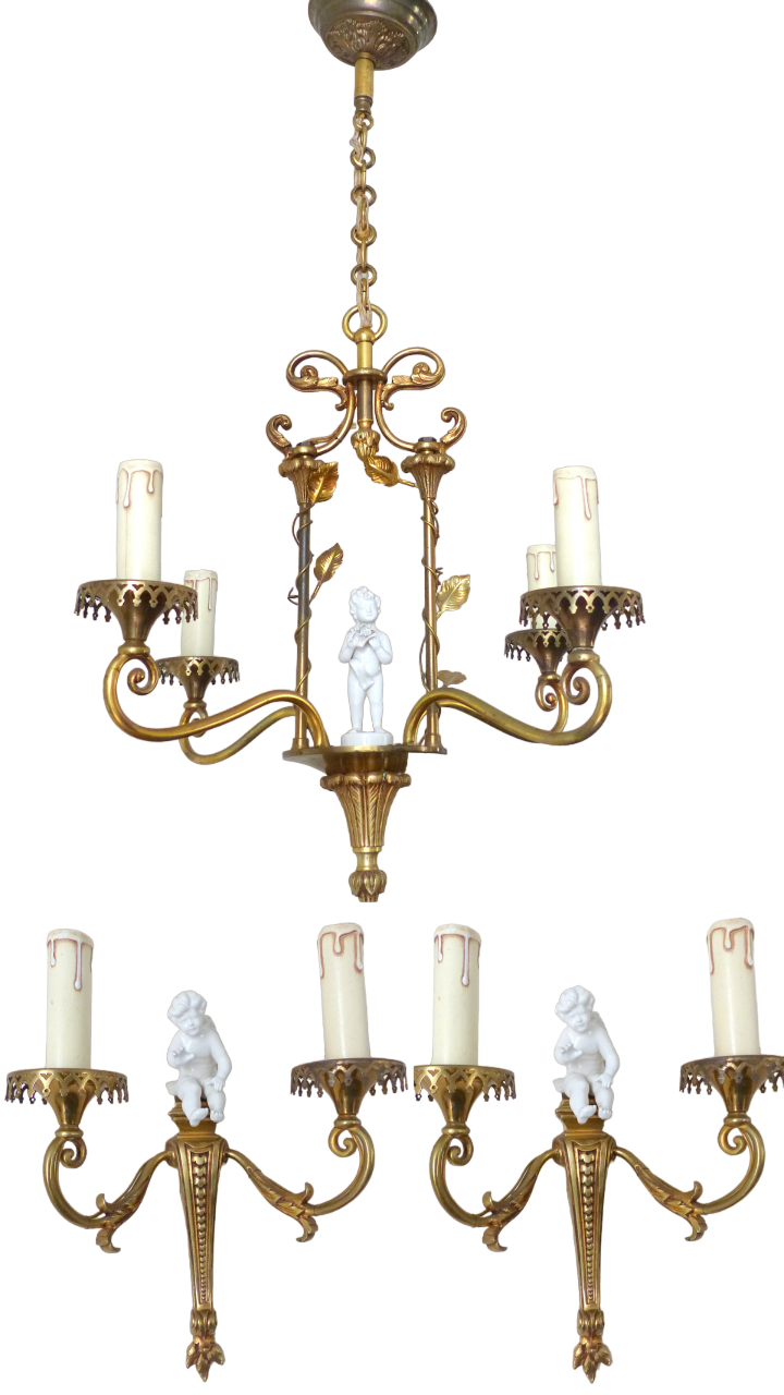 OMG Set French Antique Bronze  Chandelier Pair Sconces Porcelain Cherub Foliage