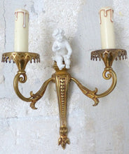 Load image into Gallery viewer, OMG Set French Antique Bronze  Chandelier Pair Sconces Porcelain Cherub Foliage
