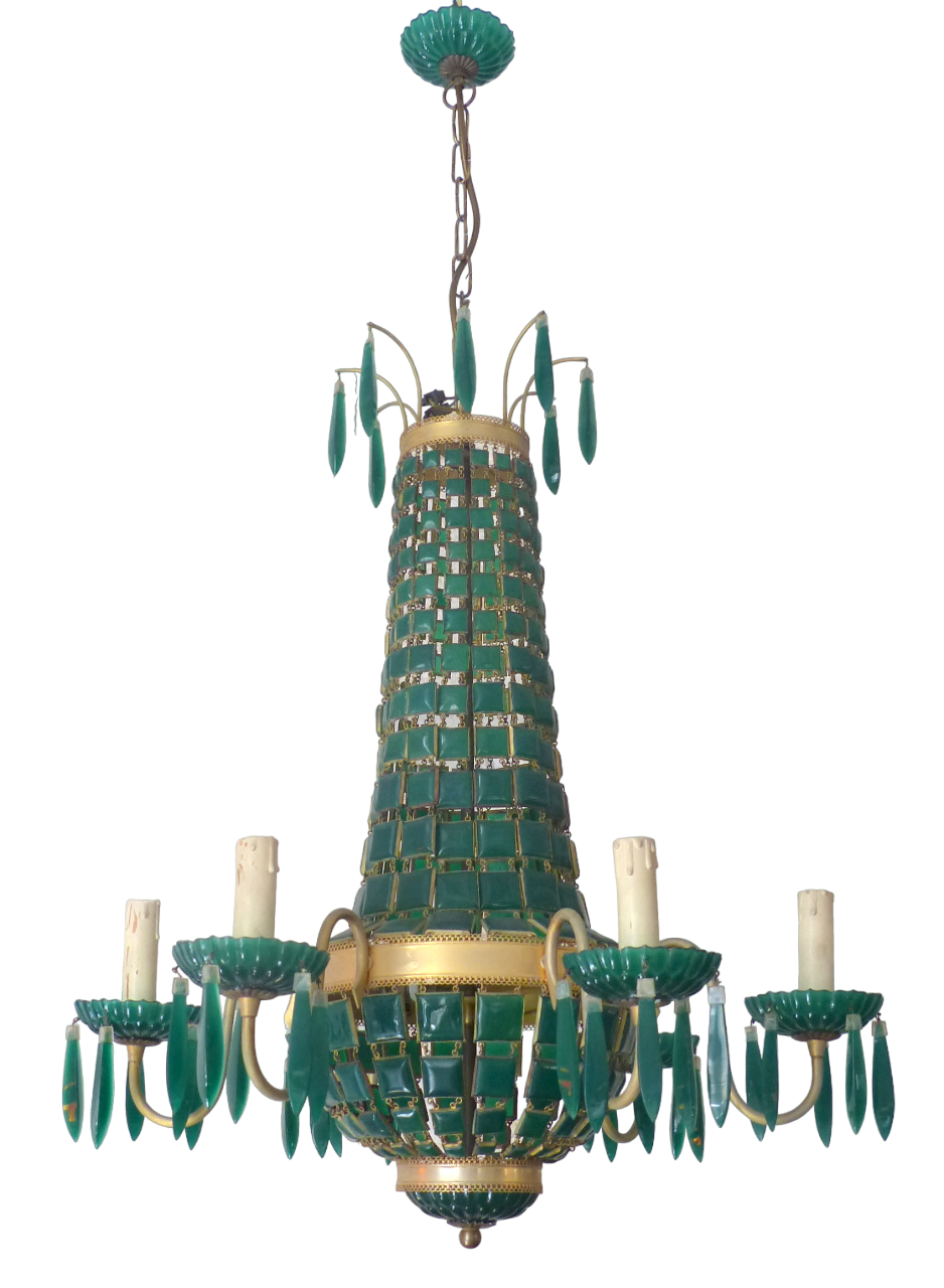 Gorgeous Green Emerald Glass Murano Gilt brass Chandelier Ceiling RARE 1930