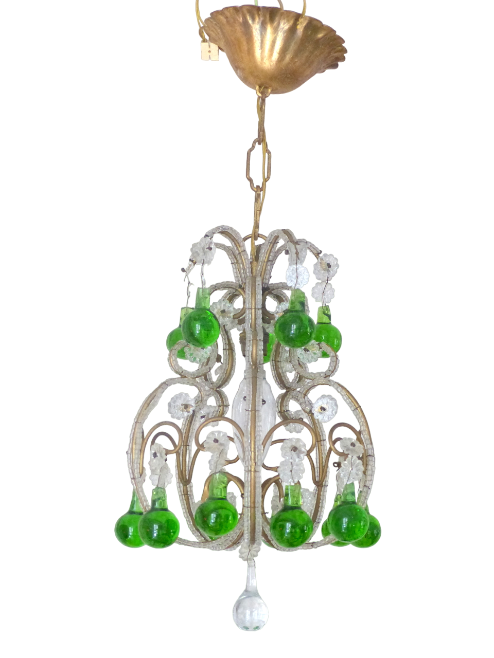 Vintage Chandelier Green Glass Drops Prisms Beads 1930 Italian Ceiling 1 Light