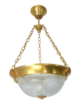 Load image into Gallery viewer, Vintage French 3 Light Gilt Brass Bronze Chandelier Ceiling Diamond Tip Crystal
