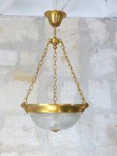 Load image into Gallery viewer, Vintage French 3 Light Gilt Brass Bronze Chandelier Ceiling Diamond Tip Crystal
