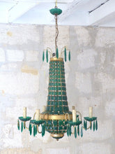 Load image into Gallery viewer, Gorgeous Green Emerald Glass Murano Gilt brass Chandelier Ceiling RARE 1930
