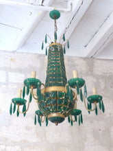 Load image into Gallery viewer, Gorgeous Green Emerald Glass Murano Gilt brass Chandelier Ceiling RARE 1930
