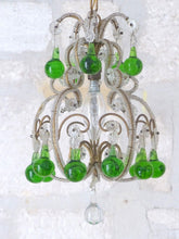 Load image into Gallery viewer, Vintage Chandelier Green Glass Drops Prisms Beads 1930 Italian Ceiling 1 Light
