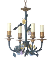 Load image into Gallery viewer, French Antique Bronze Louis XVI Chandelier Porcelain Flowers Ribbon Foliage 1900
