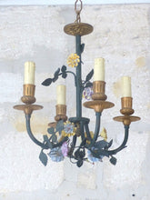 Load image into Gallery viewer, French Antique Bronze Louis XVI Chandelier Porcelain Flowers Ribbon Foliage 1900
