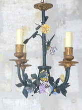 Load image into Gallery viewer, French Antique Bronze Louis XVI Chandelier Porcelain Flowers Ribbon Foliage 1900
