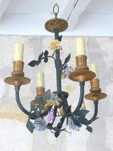 Load image into Gallery viewer, French Antique Bronze Louis XVI Chandelier Porcelain Flowers Ribbon Foliage 1900
