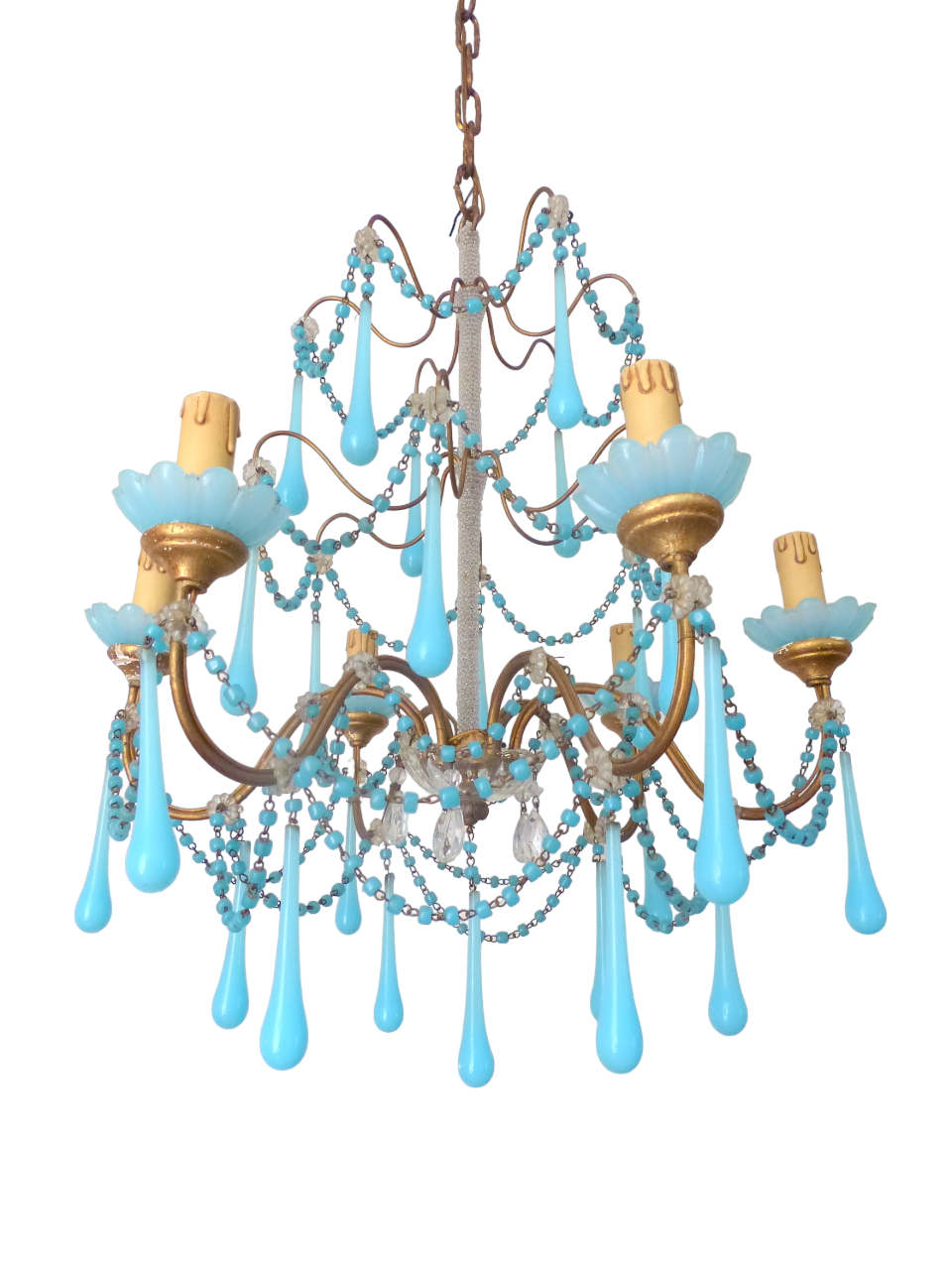 Antique Chandelier Aqua Blue Opaline Drops Cup Beads 1930 MURANO RARE 6 lights