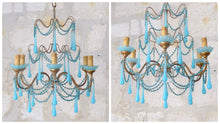 Load image into Gallery viewer, Antique Chandelier Aqua Blue Opaline Drops Cup Beads 1930 MURANO RARE 6 lights
