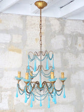 Load image into Gallery viewer, Antique Chandelier Aqua Blue Opaline Drops Cup Beads 1930 MURANO RARE 6 lights
