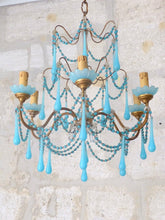 Load image into Gallery viewer, Antique Chandelier Aqua Blue Opaline Drops Cup Beads 1930 MURANO RARE 6 lights
