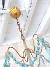 Load image into Gallery viewer, Antique Chandelier Aqua Blue Opaline Drops Cup Beads 1930 MURANO RARE 6 lights
