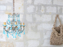 Load image into Gallery viewer, Antique Chandelier Aqua Blue Opaline Drops Cup Beads 1930 MURANO RARE 6 lights
