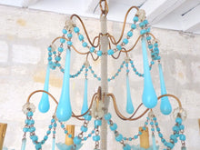 Load image into Gallery viewer, Antique Chandelier Aqua Blue Opaline Drops Cup Beads 1930 MURANO RARE 6 lights
