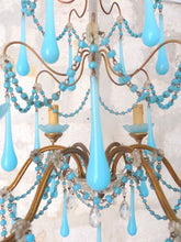 Load image into Gallery viewer, Antique Chandelier Aqua Blue Opaline Drops Cup Beads 1930 MURANO RARE 6 lights
