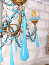 Load image into Gallery viewer, Antique Chandelier Aqua Blue Opaline Drops Cup Beads 1930 MURANO RARE 6 lights
