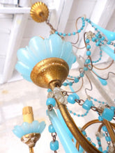 Load image into Gallery viewer, Antique Chandelier Aqua Blue Opaline Drops Cup Beads 1930 MURANO RARE 6 lights
