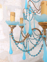 Load image into Gallery viewer, Antique Chandelier Aqua Blue Opaline Drops Cup Beads 1930 MURANO RARE 6 lights
