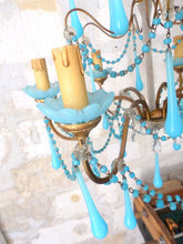 Load image into Gallery viewer, Antique Chandelier Aqua Blue Opaline Drops Cup Beads 1930 MURANO RARE 6 lights
