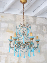 Load image into Gallery viewer, Antique Chandelier Aqua Blue Opaline Drops Cup Beads 1930 MURANO RARE 6 lights
