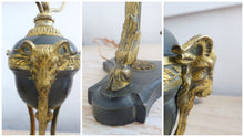 Load image into Gallery viewer, Tripod Antique Table Desk Lamp Gilded Bronze Ram Goat mask Tole 19TH Louis XVI
