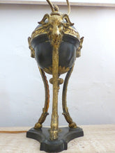 Load image into Gallery viewer, Tripod Antique Table Desk Lamp Gilded Bronze Ram Goat mask Tole 19TH Louis XVI
