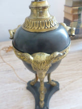 Load image into Gallery viewer, Tripod Antique Table Desk Lamp Gilded Bronze Ram Goat mask Tole 19TH Louis XVI
