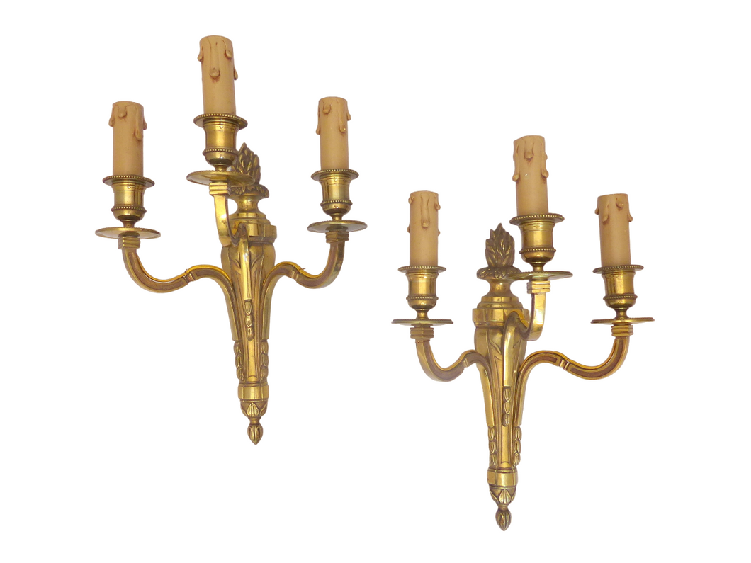 Gorgeous PAIR Antique Gilded Bronze Triple Wall light Sconce 1920 Louis XVI