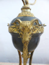 Load image into Gallery viewer, Tripod Antique Table Desk Lamp Gilded Bronze Ram Goat mask Tole 19TH Louis XVI
