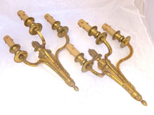 Load image into Gallery viewer, Gorgeous PAIR Antique Gilded Bronze Triple Wall light Sconce 1920 Louis XVI
