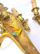 Load image into Gallery viewer, Gorgeous PAIR Antique Gilded Bronze Triple Wall light Sconce 1920 Louis XVI
