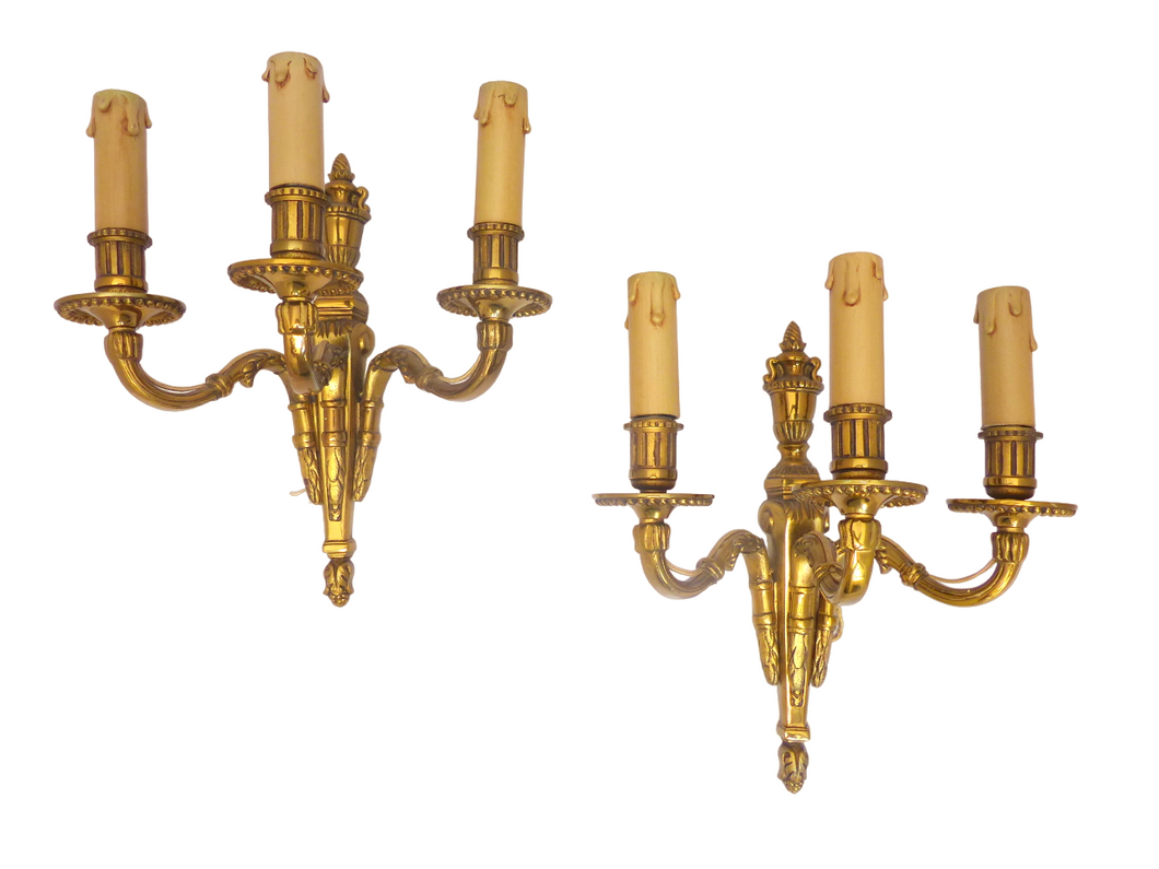 Gorgeous PAIR Antique Gilded Bronze Triple Wall light Sconce 1900 Louis XVI