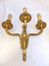 Load image into Gallery viewer, Gorgeous PAIR Antique Gilded Bronze Triple Wall light Sconce 1900 Louis XVI
