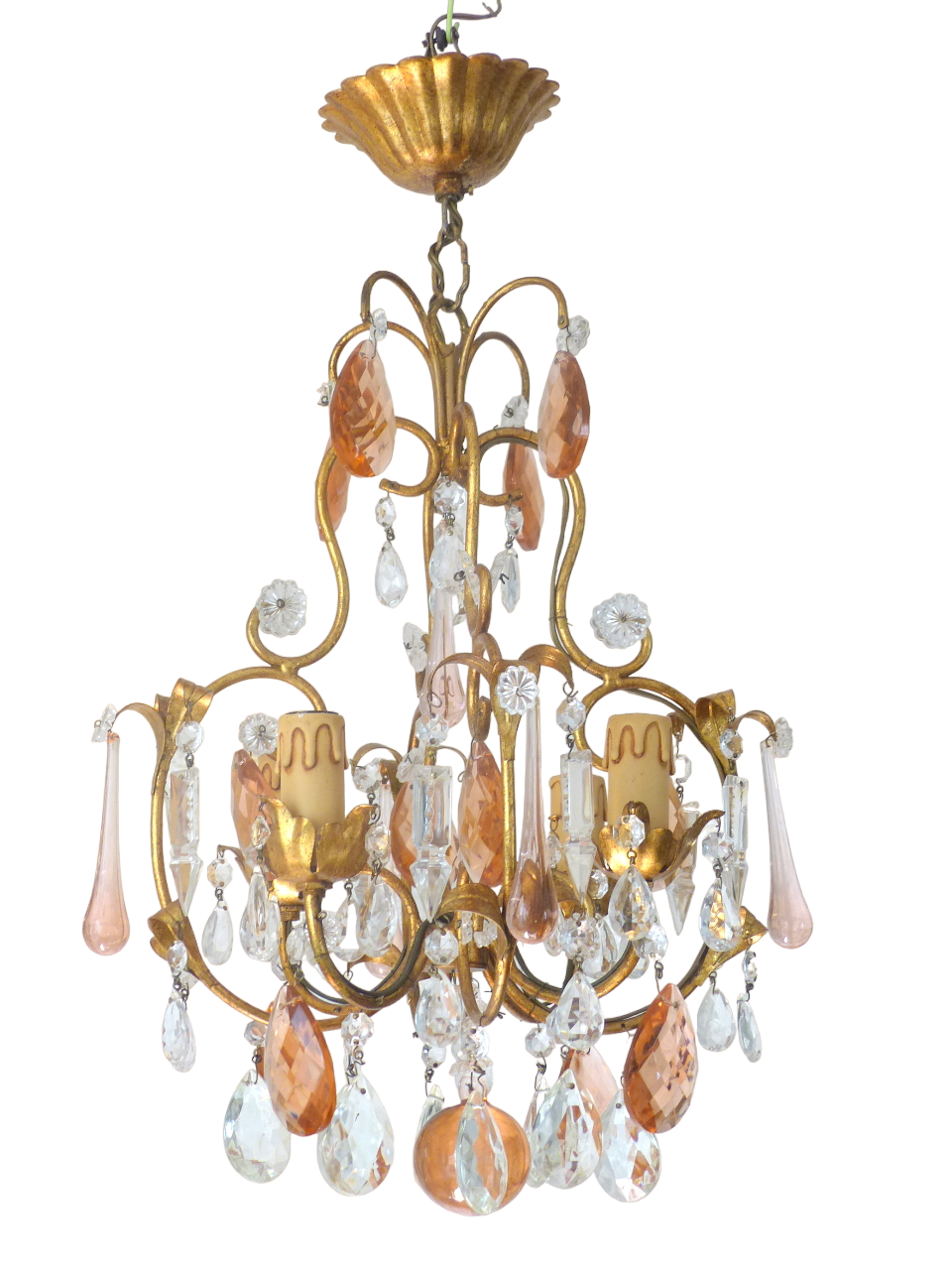 Vintage Chandelier Pink Drops Flowers Prisms Beads 1950 Italian Gilded 4 Lights