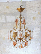 Load image into Gallery viewer, Vintage Chandelier Pink Drops Flowers Prisms Beads 1950 Italian Gilded 4 Lights
