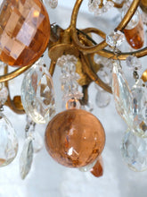 Load image into Gallery viewer, Vintage Chandelier Pink Drops Flowers Prisms Beads 1950 Italian Gilded 4 Lights
