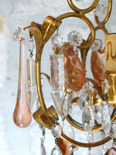 Load image into Gallery viewer, Vintage Chandelier Pink Drops Flowers Prisms Beads 1950 Italian Gilded 4 Lights
