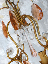 Load image into Gallery viewer, Vintage Chandelier Pink Drops Flowers Prisms Beads 1950 Italian Gilded 4 Lights
