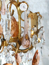 Load image into Gallery viewer, Vintage Chandelier Pink Drops Flowers Prisms Beads 1950 Italian Gilded 4 Lights
