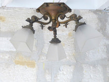 Load image into Gallery viewer, French Lizard Gothic Gilded Bronze Ceiling Chandelier 3 fires Shades 19TH
