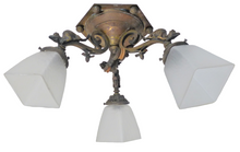 Load image into Gallery viewer, French Lizard Gothic Gilded Bronze Ceiling Chandelier 3 fires Shades 19TH
