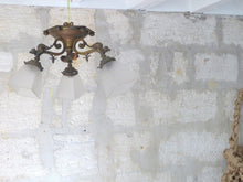 Load image into Gallery viewer, French Lizard Gothic Gilded Bronze Ceiling Chandelier 3 fires Shades 19TH
