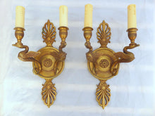 Load image into Gallery viewer, ANTIQUE PAIR French Empire Wall Light Sconce RARE 2 Light Swans Bronze 1930
