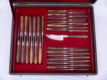 Load image into Gallery viewer, 19TH Antique French Horn Handled 45pc Table Fruits Knife Serving Set Silver Box
