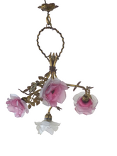 Load image into Gallery viewer, 19TH Excpt French Gilded Bronze Louis XVI  Chandelier 4 fires Rare Pink Shades
